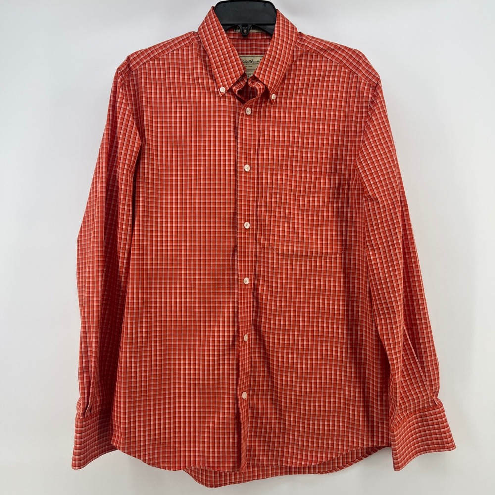 Eddie Bauer Mens Red White Plaid Wrinkle Resistant Cotton Button Down‎ Shirt S
